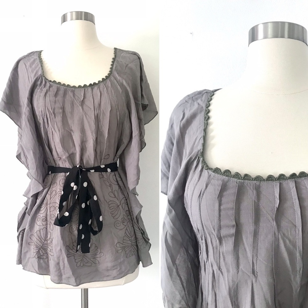 Blue Bird grey embroidered tunic top boho shirt